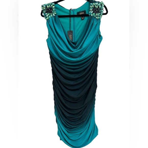 NWT Cartise Women's Embellished Bead Ombre Teal Blue Ruched Zip Mini Dress Sz 12 - Picture 1 of 6
